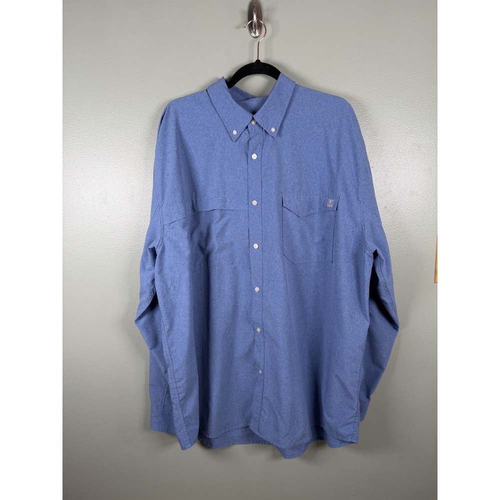 HUK XXXL Blue Button Down Shirt Roll Tan Comfort Summer Casual